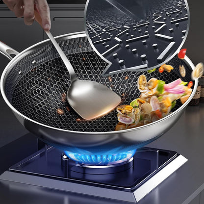 14" Honeycomb Non Stick Wok Pan Stainless Steel Stir-Fry Wok with Lid,Skillet with Stay-Cool Handle PFOA Free Suitable for Induction, Ceramic, Electric, and Gas Cooktops (Sliver, 14 Inches)4