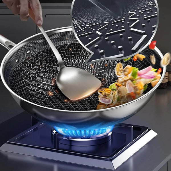 14" Honeycomb Non Stick Wok Pan Stainless Steel Stir-Fry Wok with Lid,Skillet with Stay-Cool Handle PFOA Free Suitable for Induction, Ceramic, Electric, and Gas Cooktops (Sliver, 14 Inches)4