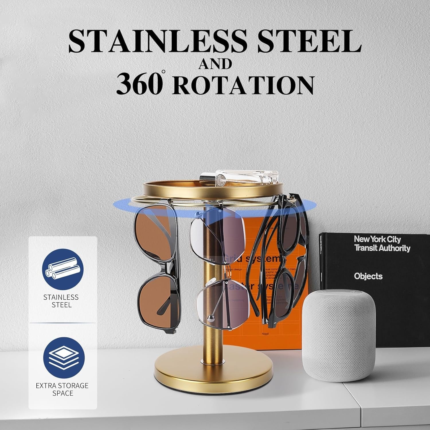 360-rotating-sunglass-organizer-storage-stainless-steel-glasses-holder-stand-glasses-organizer-with-tray-for-desk-dresser-tabletop-nightstand-and-home-decor-gold-stainless-steel-stand-with-360-rotation-holds-9-to-12-pairs-top-tray-stores-rings-and-keys-for-desk-dresser-nightstand