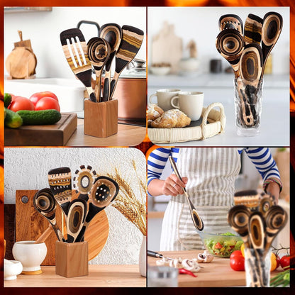 9 Pcs Brown Pakkawood Wood Kitchen Utensils Cooking Set7