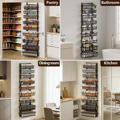 9 Tier over the Door Pantry Organizer, 2 in 1 Wall Mount or Hanging Spice Rack with Adjustable Deep Basket, Heavy-Duty Seasoning Organizer and Storage for Kitchen Cabinet Closet Bathroom9