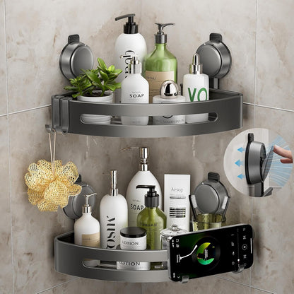 Corner Shower Caddy Suction Cup,Shower Shelves with Hooks,No Drilling Powerful Upgrade Suction Bathroom Corner Organizers and Storage,Removable Waterproof Rustproof Shower Shelf Bathroom Decor1