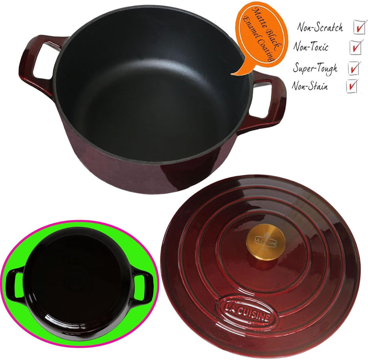 La Cuisine Enameled Cast Iron Dutch Oven Casserole Pot with Golden Handle for Lid, Internal Matte Black Enamel Coating, 5 QT 10.5" / 26Cm Ø, Oven-Safe 550°F/276°C, Cranberry+2