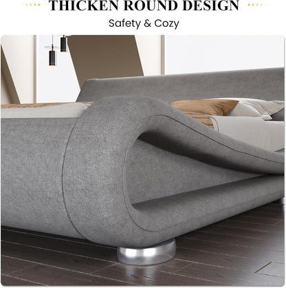 Queen Size Sleigh Bed Frame, Low Profile, Faux Leather, Grey6