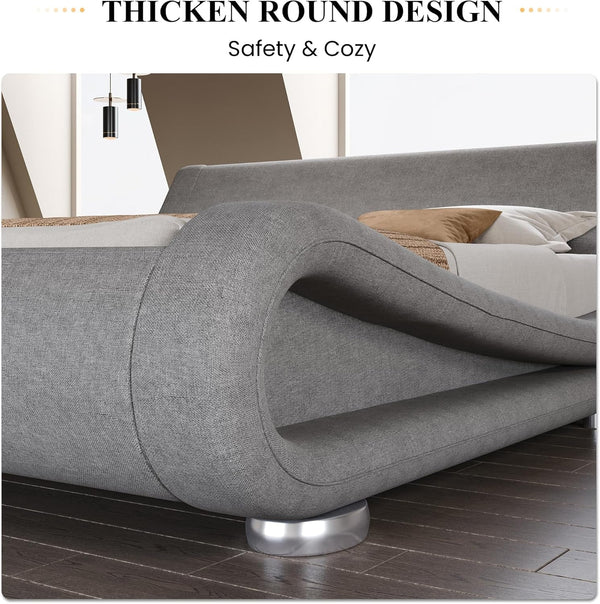 Queen Size Sleigh Bed Frame, Low Profile, Faux Leather, Grey6