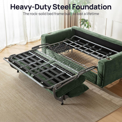 Pull Out Sofa Bed, No Cushion Removal, Queen Sleeper Sofa with USB Fast Charging, Memory Form Mattress, 2-In-1 Convertible Comfy Loveseat Couch Bed for RV, Apartment, and Small Spaces (Green)4