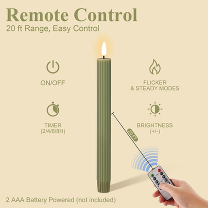 Olive Green Ribbed Flameless Taper Candles with Remote Set of 44