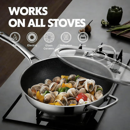Hybrid Nonstick 12 Inch Stainless Steel Wok Pan with Lid – Snowclad Technology – Induction Compatible – PFOA Free – Dishwasher Safe – Ideal for Stir-Fry – Includes Lid at End2