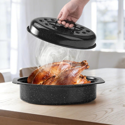 13" Roasting Pans for Ovens Porcelain Enameled Steel Oval Roaster Pan with Domed Lid for Small Turkey, Chicken, Vegetable, Lamb, Sourdough Bread6