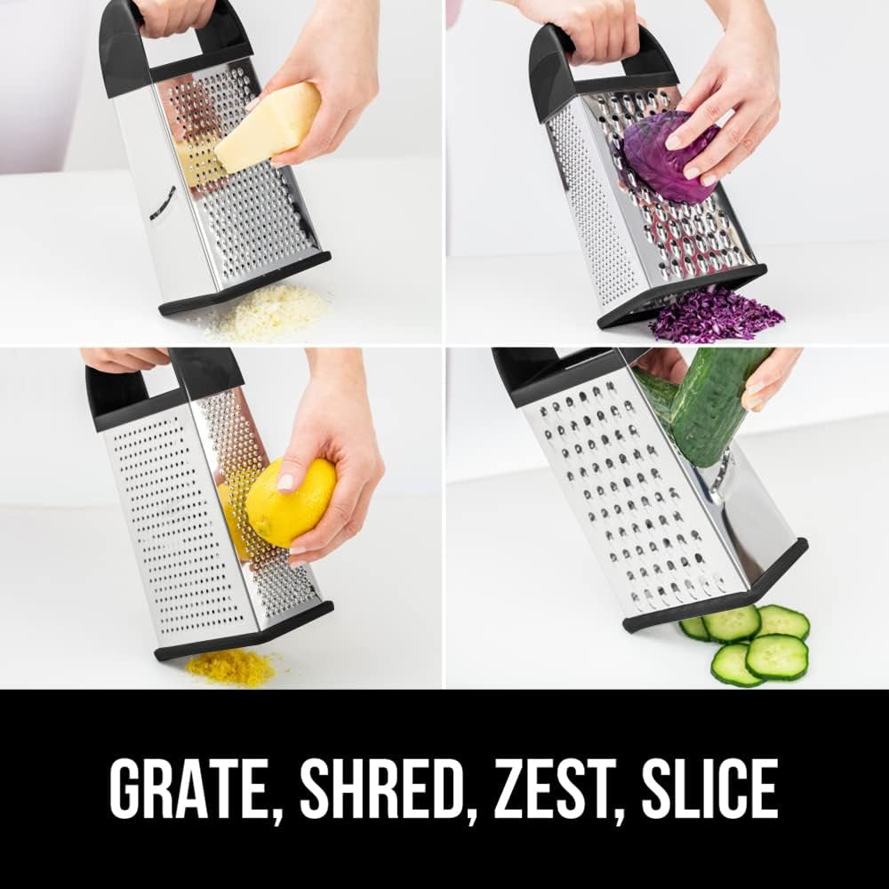 gorilla-grip®-xl-4-sided-stainless-steel-cheese-grater-with-measurement-container-bpa-free-box-grater-slip-resistant-base-grate-hard-parmesan-shred-veggies-zest-citrus-dishwasher-safe-black