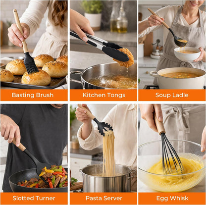 33 Pcs Silicone Kitchen Cooking Utensils Set, Wood Handle & Holder5