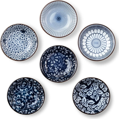 6 Pack Dipping Bowls,3 OZ Small Ceramic Soy Sauce Dish,Vintage Blue | 4 Inch, Blue-White Glaze, Shiny, Safe, Dishwasher Safe, for Seasonings, Sushi & BBQ1