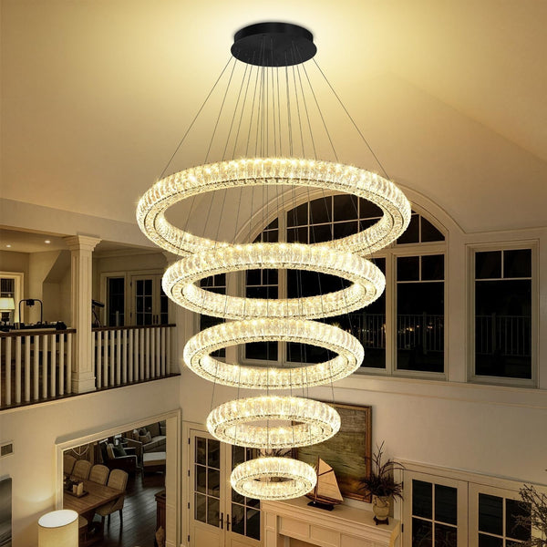 Large LED 5 Ring Chandelier for High Ceiling Modern Long Crystal Chandelier Lighting Ceiling Chandeliers for Staircase Foyer, Black D8''+15.7"+23.6"+31.5"+39.4"7