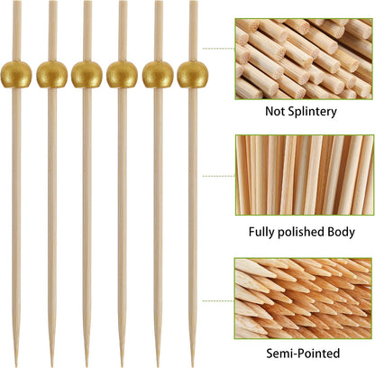 200 Pcs Cocktail Picks, Fancy Toothpicks for Appetizers, Mini Food Picks | Bamboo Cocktail Sticks Skewers for Drinks, Desserts, Charcuterie, 4.7 Inch Decorative Wedding Party Gold Ball Tooth Picks4