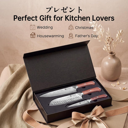 3 PCS Japanese Kitchen Knife Set with Full Tang Rosewood Handle | Razor Sharp High Carbon Stainless Steel Chef Knives, Premium Gift Box for Home Chefs7