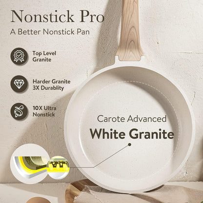 3Pcs Cream White Non Stick Skillet Set, Cream White | Non Toxic Granite Frying Pan with Heat-Resistant Handle, All Stovetops Compatible, Pfoa-Free, 8"+10"+12"5