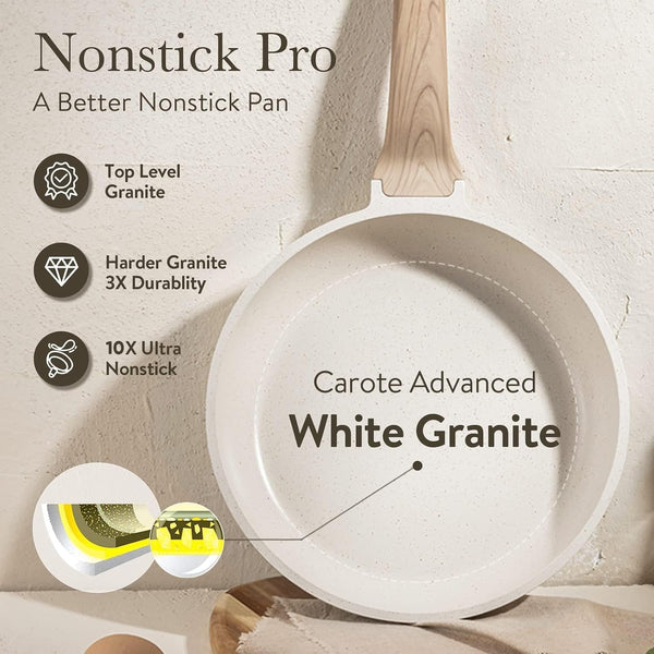 3Pcs Cream White Non Stick Skillet Set, Cream White | Non Toxic Granite Frying Pan with Heat-Resistant Handle, All Stovetops Compatible, Pfoa-Free, 8"+10"+12"5