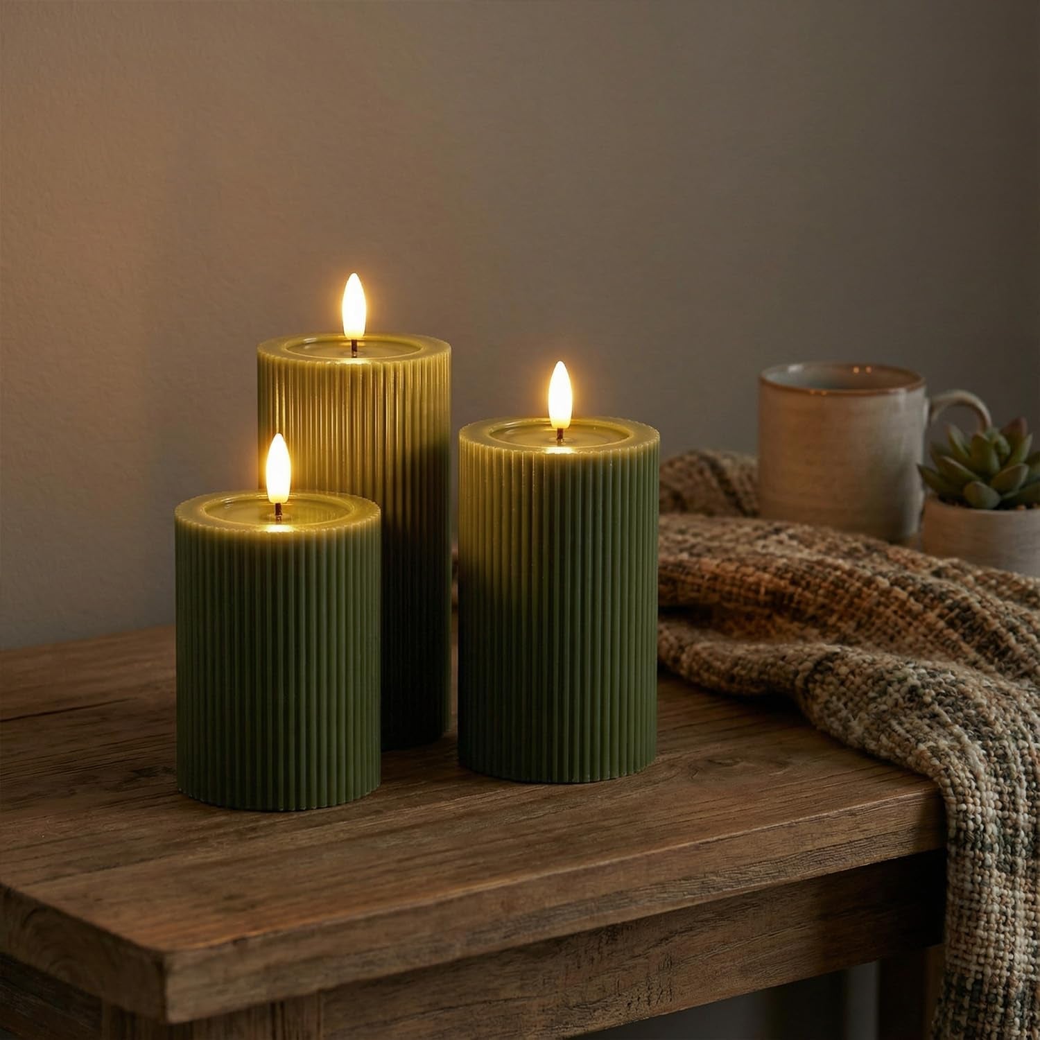 ribbed-fluted-real-wax-flameless-led-pillar-candles-loden-sage-olive-green-melted-wax-top-look-flickering-flame-battery-operated-remote-timer-shelf-wedding-decor-set-of-3