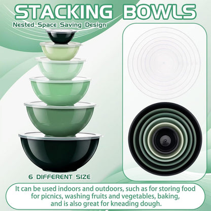 6 Pcs Plastic Mixing Bowl Set with Lids Colorful Serving Bowl Nesting Storage Bowls for Kitchen, Baking, Prepping, Cooking and Serving Food, Dishwasher & Microwave Safe(Green)3