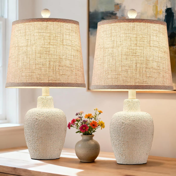 Table Lamps for Bedroom Set of 2 Farmhouse Table Lamps for Living Room 21" Rustic Cottage Jar-Shaped Bedside Lamp for Nightstand with Natural Beige Finish,Bulbs Not Included1