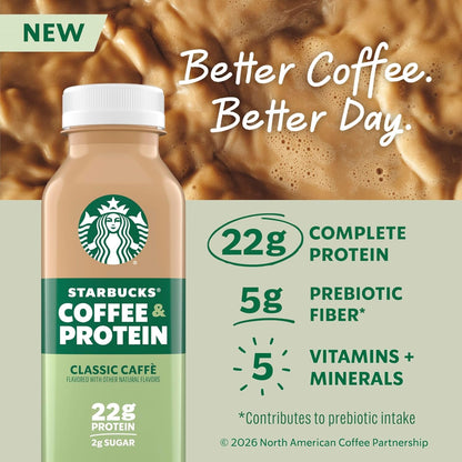 Starbucks Coffee & Protein, Classic Caffe, 12 Fl Oz Bottles, (12 Pack), 22G Protein, 2G Sugar, No Added Sugar, 5G Prebiotic Fiber, High Protein Iced Coffee4