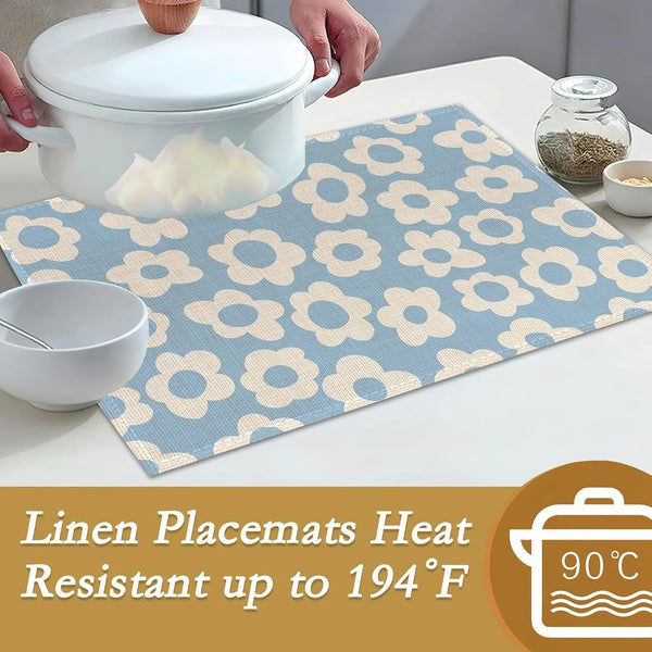 Vintage Groovy Flowers Placemats Set of 6, 12X18 Inch Waterproof Stain Resistant Linen Table Placemats Summer Seasonal Farmhouse Kitchen Party Decor Home Decor3