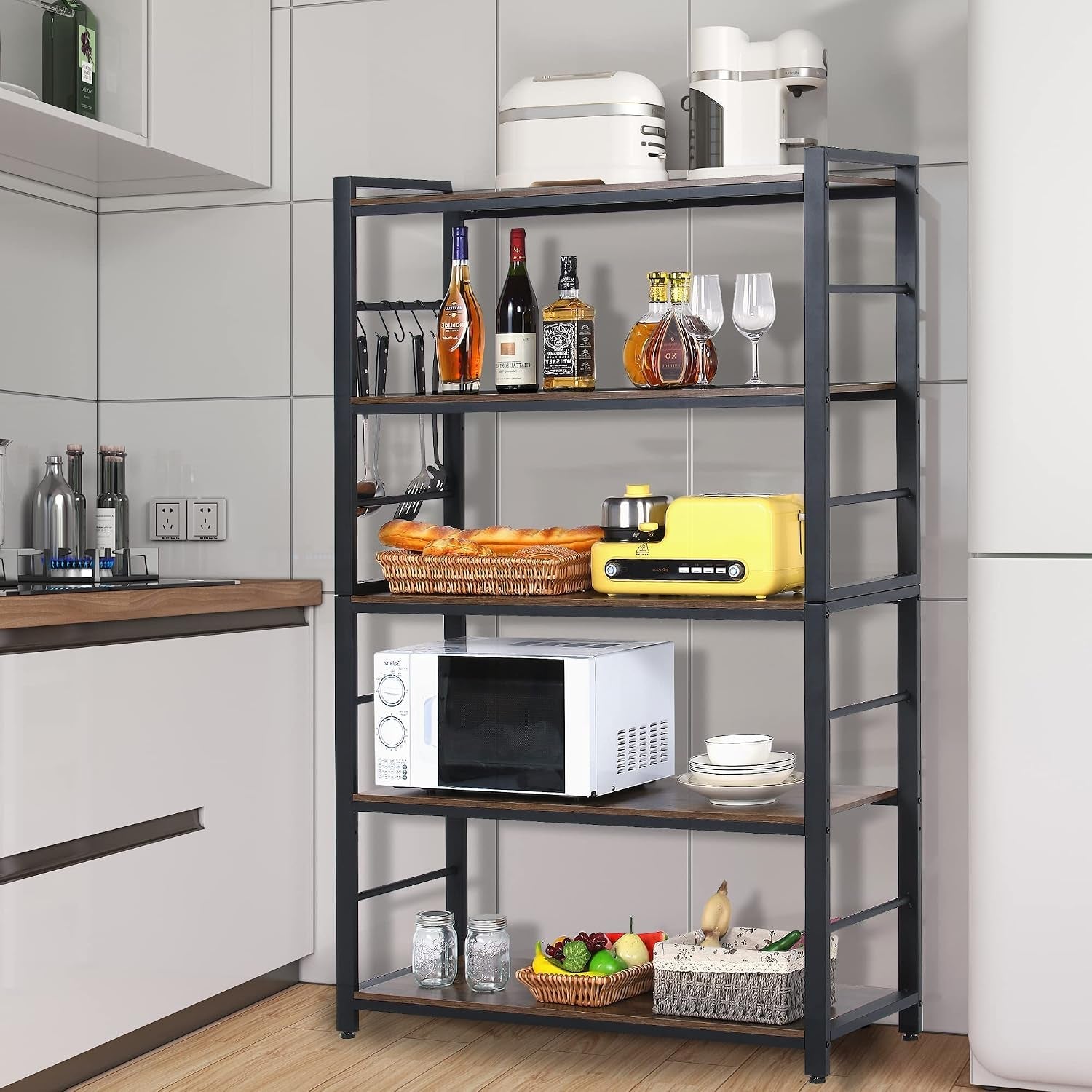 5-tiers-bakers-rack-microwave-oven-stand-with-shelves-5-tier-utility-storage-shelf-with-5-hooks-multifunctional-shelf-for-kitchen-bathroom-livingroom-storehouse