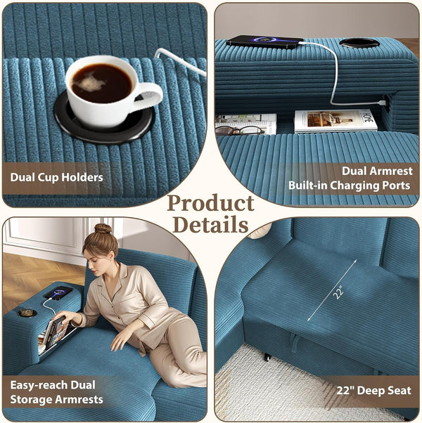 Sectional Sleeper Sofa with Pull Out Couch Bed, 9 Seats Modular L Shaped Cloud Couch with Storage Chaise, Dual Arm Storage & USB Charging, Adjustable Backrest Sofa, Blue Corduroy7