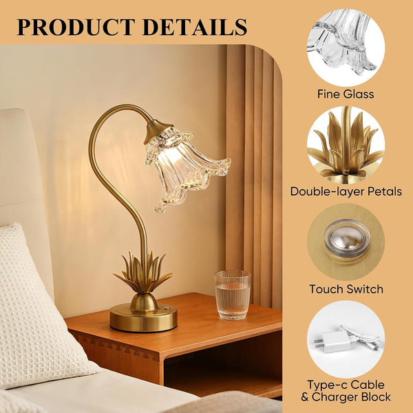 Cordless Flower Table Lamp with Glass Lampshade, 5200Mah Rechargeable Battery, 3-Color Dimmable Touch Control, Portable Desk Lamp for Nightstand, Patio, Camping, Restaurant & Home, Transparent6