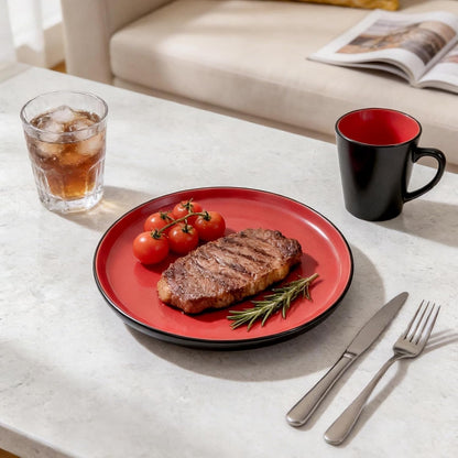 Stoneware Dinnerware Set Service for 4, 16 Piece Two Tone Handmade Plates Bowls Set, Chip & Crack Resistant Modern Tableware, Red and Black6