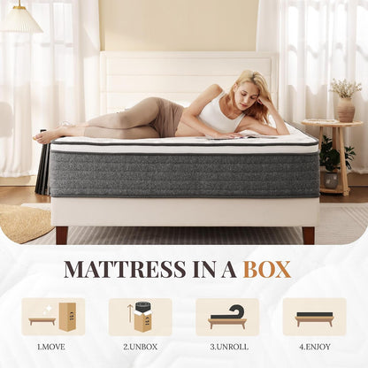 Queen Mattress 10 Inch Hybrid Mattresses in a Box | Medium Feel Foam and Individual Pocket Springs, Fiberglass Free Mattress, Extra Edge Support, Pressure Relief, Certipur-Us6