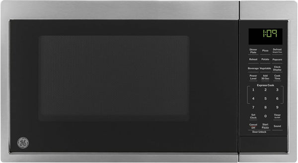 GE Countertop Microwave Oven, Compact 0.9 Cubic Ft., 900-Watt Capacity, 7 Auto Cooking Settings, Child-Lock Technology, Kitchen Essentials for the Countertop, Dorm Room or Apartment, Stainless Steel | 7 Convenience Cook Settings, One-Touch Controls, Child Lock Technology, Glass Turntable, for Kitchen, Dorm, Office, Apartment1