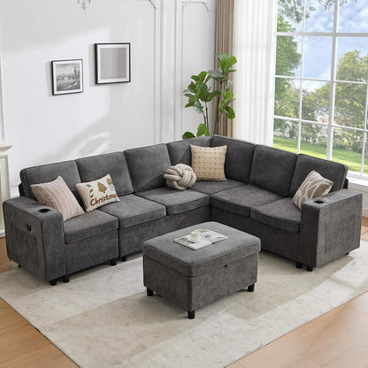 107 Inch Modular Sectional Sofa with Pull Out Bed, 7 Seat U Shaped Sectional Sleeper Sofa with Storage Ottoman, USB Port & 6 Pillows, Family Modular Couch, Sectional Couches for Living Room, Grey2