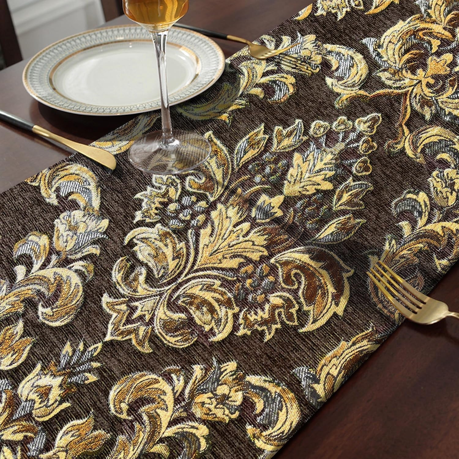 table-runners-retro-flowers-luxury-jacquard-with-tassels-dark-brown-13x60
