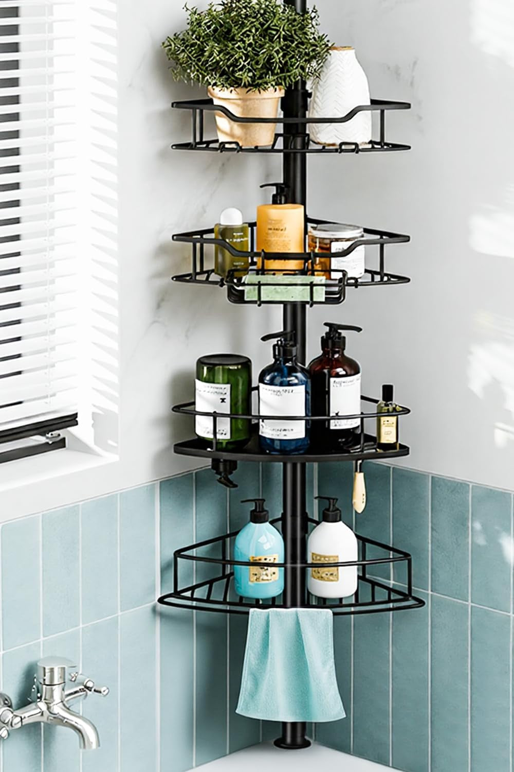 corner-shower-caddy-tension-pole-4-tier-rustproof-shower-tension-rod-organizer-adjustable-25-125-inch-bathroom-shower-organizer-shelves-for-bathtub-shampoo-storage-black