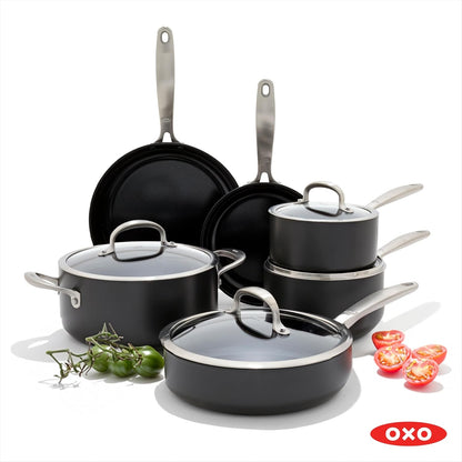 OXO Enhanced 10 Piece Cookware Pots & Pans Set, Pfas-Free Ceramic Nonstick, Durable Hard Anodized Cookware, Scratch Resistant, Stainless Steel Handle, Good Grips, Dishwasher & Oven Safe, Black8