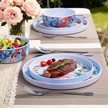 12 Pcs Melamine Dinnerware Set for 4, Floral Plates and Bowls Set5