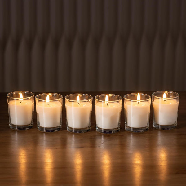 24 Pack Warm White Unscented Clear Glass Filled Votive Candles. Hand Poured Wax Candle Ideal Gifts for Aromatherapy Spa Weddings Birthdays Holidays Party5