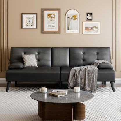 64" Futon Sofa Bed, Small Loveseat with 2 Cup Holders, PU Leather, Black3