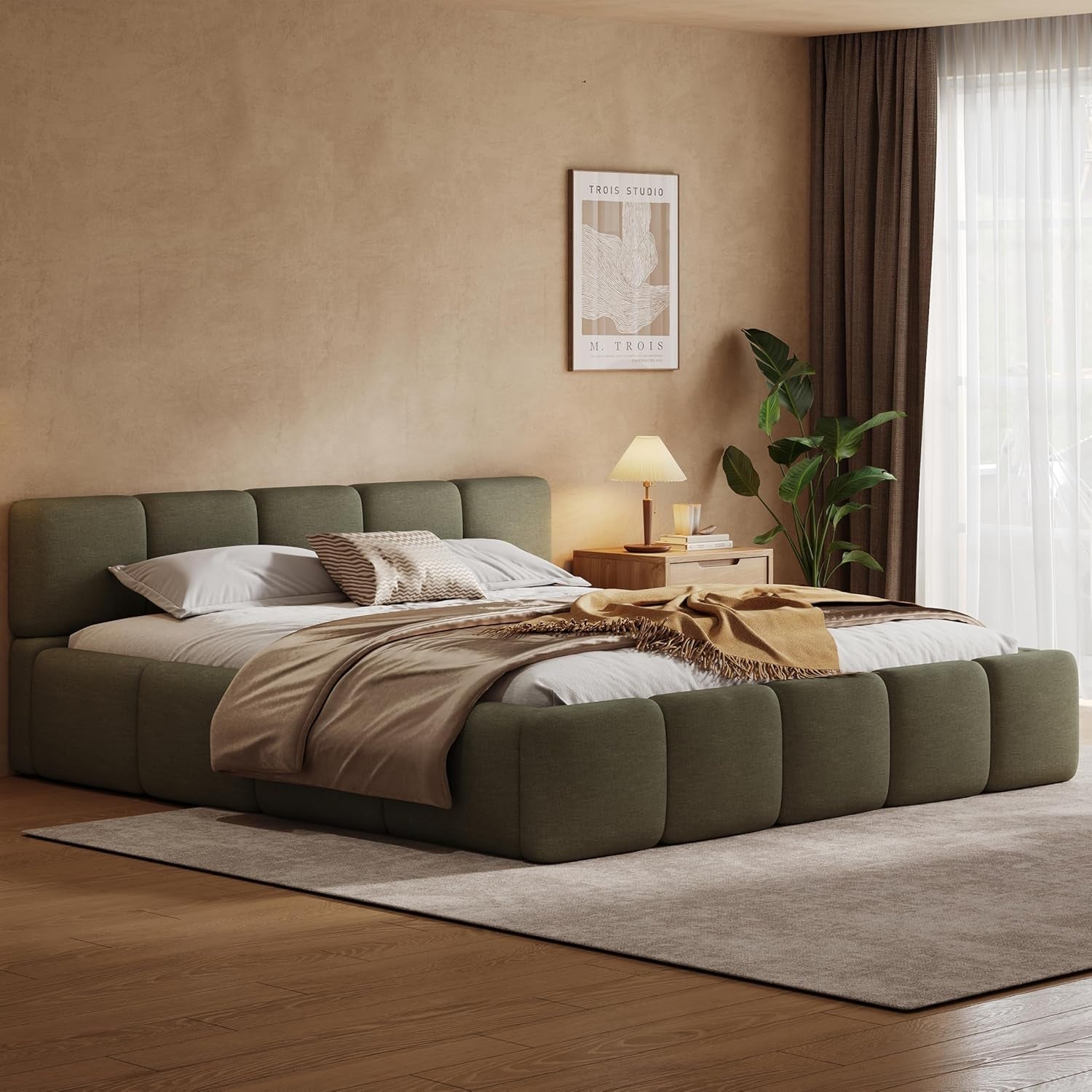 california-king-boucle-platform-bed-with-thick-headboard-green