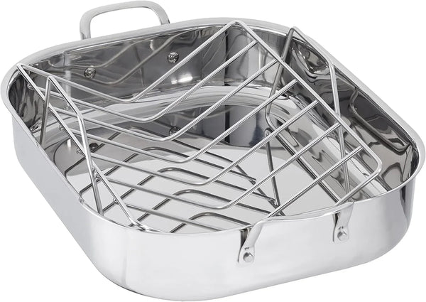 Stainless Steel Rectangular Roasting Pan with Rack, Turkey Roaster, Dishwasher Safe, Easy to Clean, Oven Safe, 16 In1