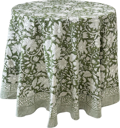 Cotton Blockprint round Tablecloth, Noori Green, 90 Inches1