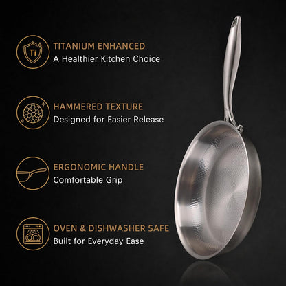 10-Inch Titanium Alloy Hammered Frying Pan with Lid, Chef-Grade No-Coating Tri-Ply Skillet, Compatible with Induction, Gas, Electric & Ceramic Cooktops, Oven & Dishwasher Safe (10In)8