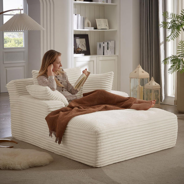 67 Inch Chaise Lounge Chair Indoor, Oversized Corduroy Upholstered Boneless Sofa Bed, Deep Seat Sleeper Couch Reading Chairs, Cloud Sofas Couches for Living Room, No Assembly Required (Beige)1