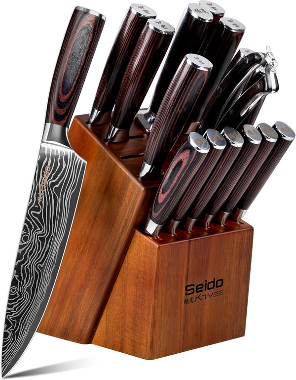 Seido Master 17-Piece Damascus Knife Block Set, Acacia Wood Block1