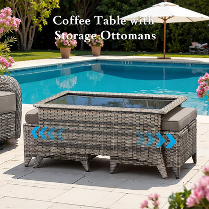 Luxury 6" Thick Cushioned 11 Pieces Patio Furniture Set with Outdoor Couch, Wicker Outdoor Conversation Set with High Back Swivel Rocker Chairs for Deck Porch Yard and Poolside - Grey+Grey8