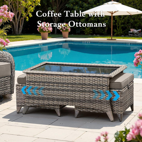Luxury 6" Thick Cushioned 11 Pieces Patio Furniture Set with Outdoor Couch, Wicker Outdoor Conversation Set with High Back Swivel Rocker Chairs for Deck Porch Yard and Poolside - Grey+Grey8