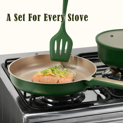 9.5'' and 11'' Nonstick Frying Pans Skillet, Nonstick Fry Pan Egg Pan Omelet Pans,Healthy & PFOA Free, Induction-Compatible, Dishwasher Safe & Includes Silicone Spatula，Green3