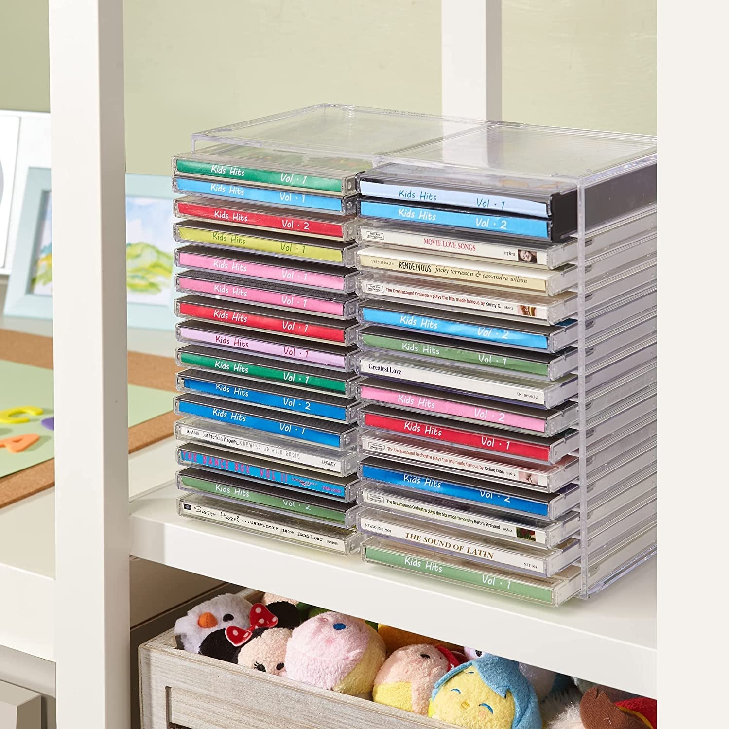 stackable-clear-plastic-cd-organizer-with-rubber-feet-rectangular-jewel-cases-holder-perfect-for-theatre-room-holds-up-to-30-cd-cases-made-in-usa