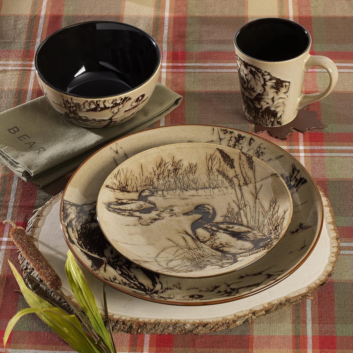 16-piece-stoneware-dinnerware-set-service-for-4-with-dinner-plates-salad-plates-bowls-and-mugs-lodge-style-wildlife-animal-sketch-design-dishwasher-and-microwave-safe